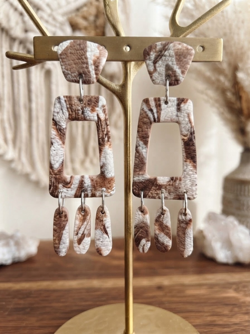 NWT Marbled Geometric Drop Earrings - Boho Brown & White - Handmade